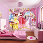 Minimalis Girls Bedroom Decorating Ideas with Disney Princess Wallpaper